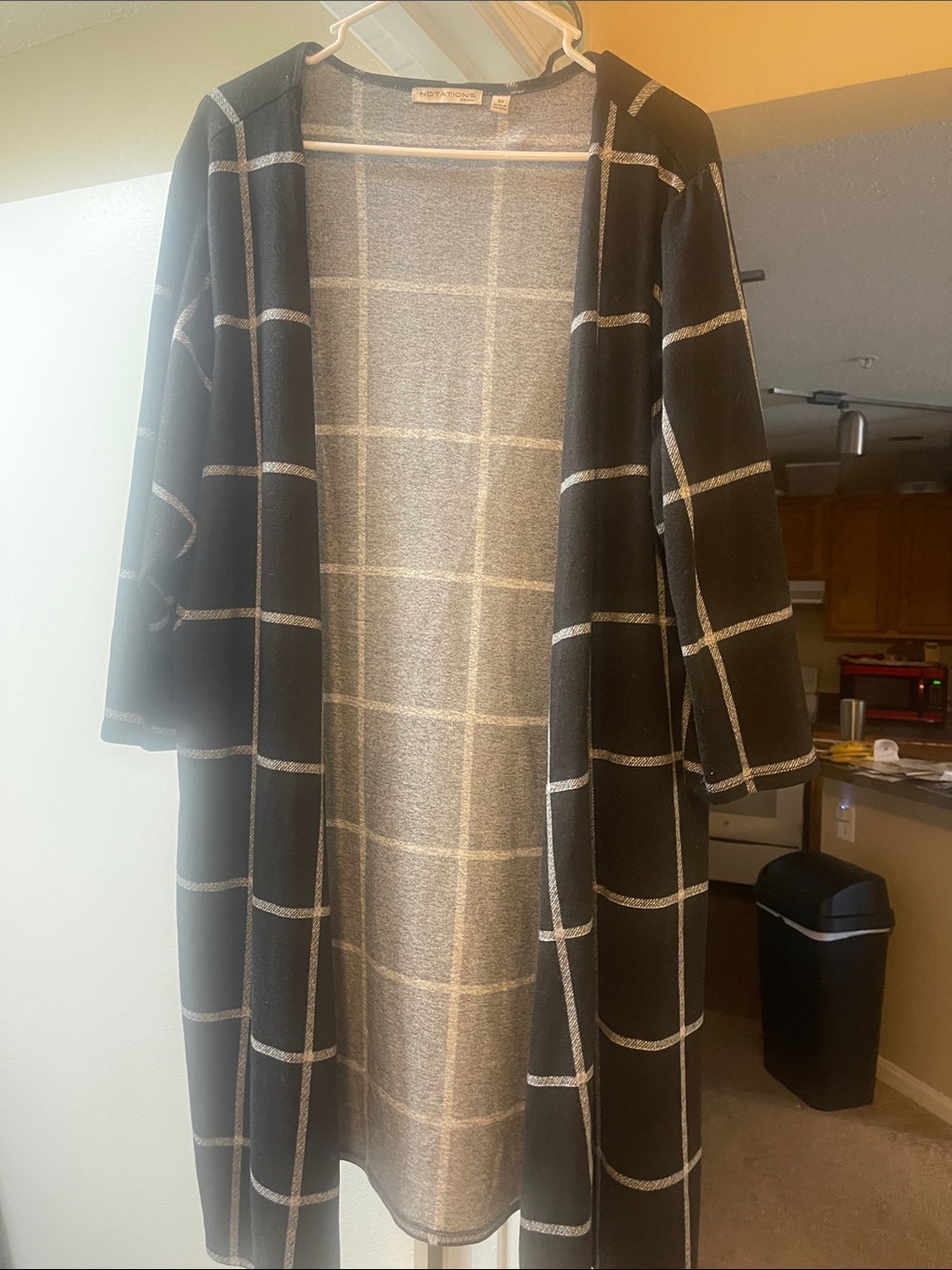 Windowpane Long Open-Front Cardigan Sweater - Black